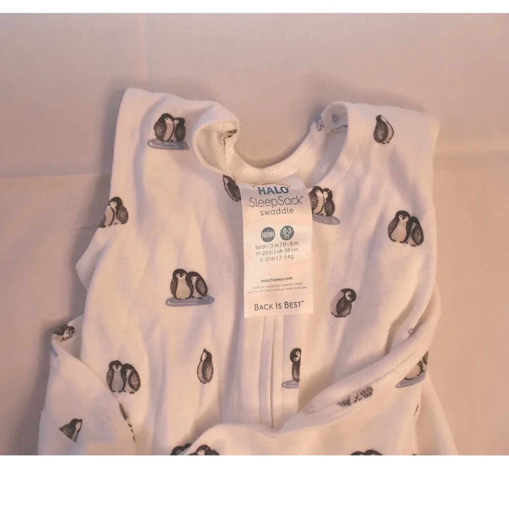 Halo SleepSack Swaddle Newborn 0-3 Months White Penguin Print Cotton Sleep Bag